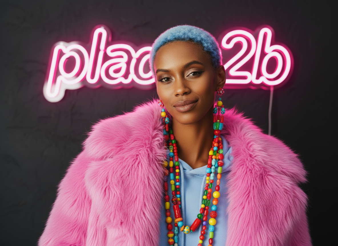 Stylische Person vor place2b Neonschild