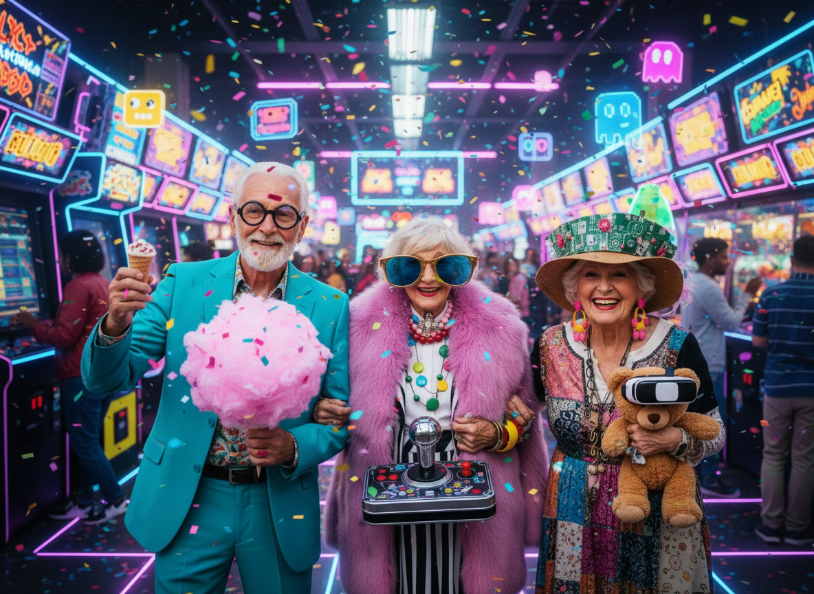 Fröhliche Menschen in einer bunten Arcade-Halle mit Zuckerwatte und Spielautomaten